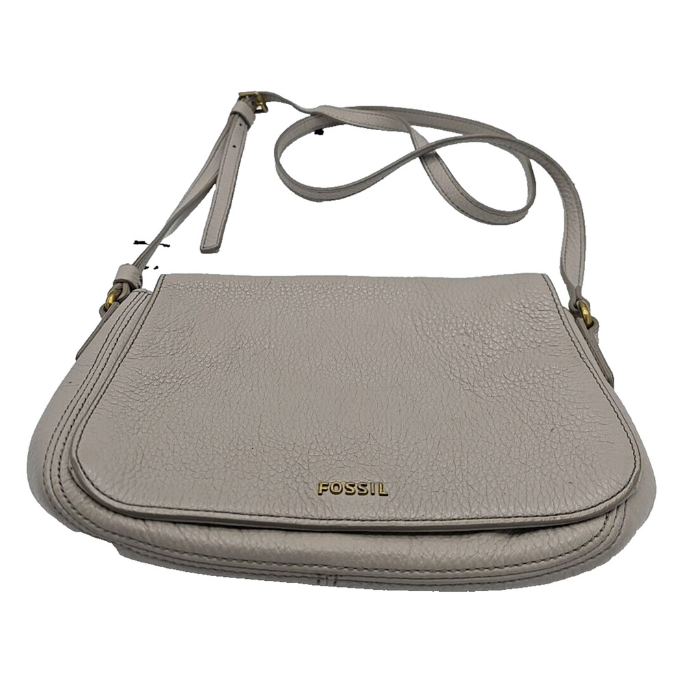 Fossil Gray Leather Pebbled Womens Sling Shoulder Crossbody Bag Purse 5"x10"